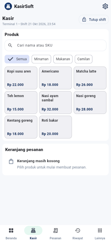 Tampilan asli KasirSoft: katalog produk, kategori, dan keranjang pada HP Android